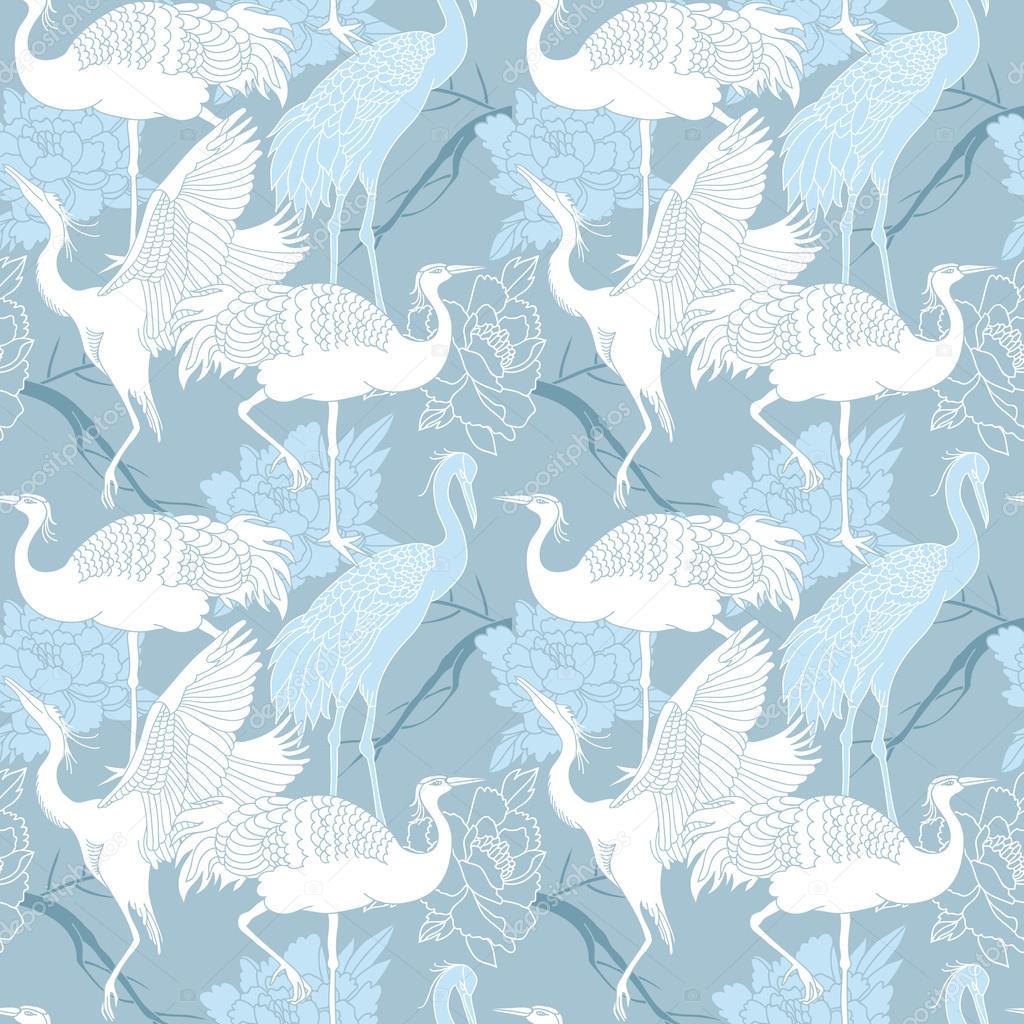 Cranes birds seamless pattern