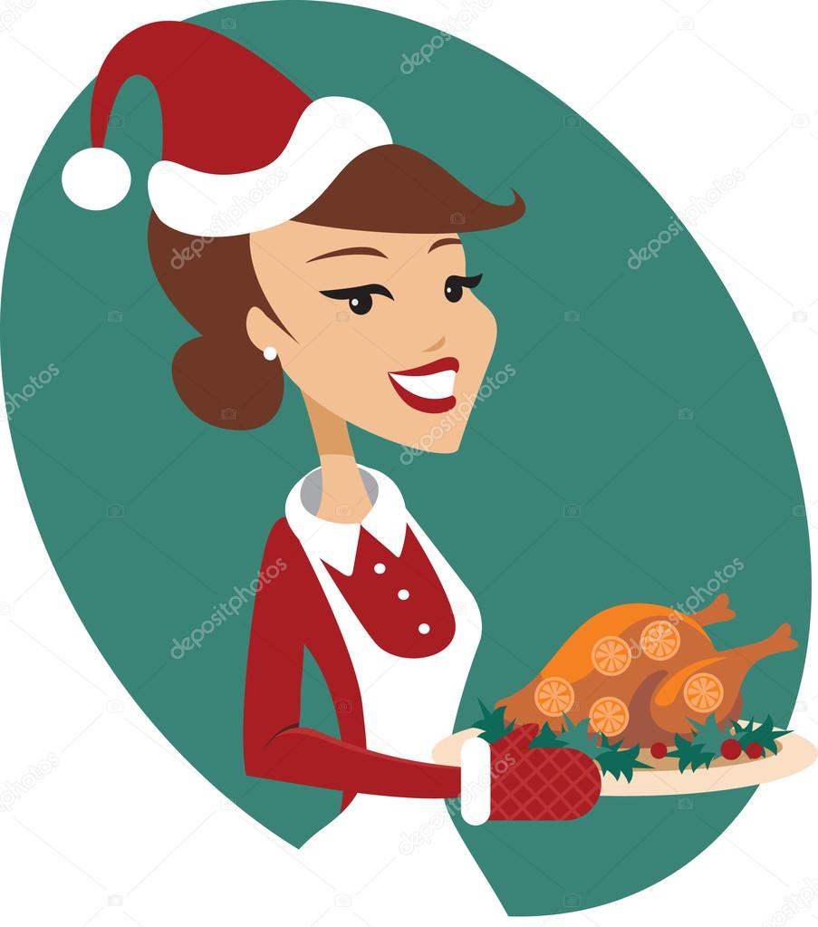 Woman holding roasted christmas turkey