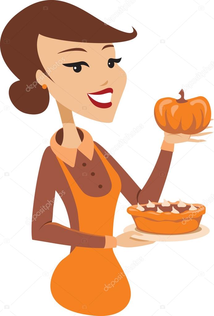 Young lady holding baked pumpkin pie