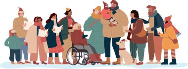 Diverse Group of people singing Christmas carols flat vector illustration isolated on transparent background