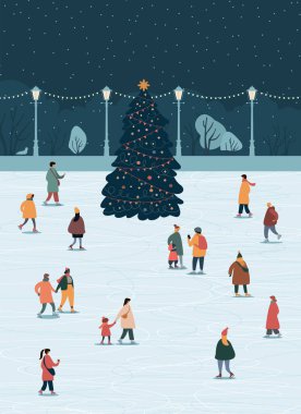 Şehir parkında Karlı bir Noel Gecesinde İnsanlar Paten Yapıyor Düz vektör illüstrasyon posteri veya afiş şablonu