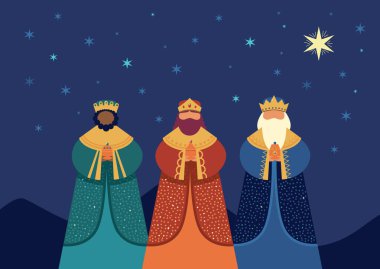 Geceleri Ağaç Kralları ve Beytüllahim Yıldızı. Epiphany poster minimal dekoratif stil düz vektör çizimi