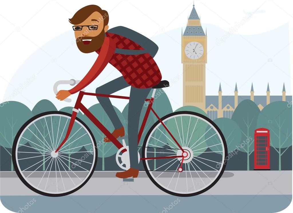 Young man hipster riding bike in London