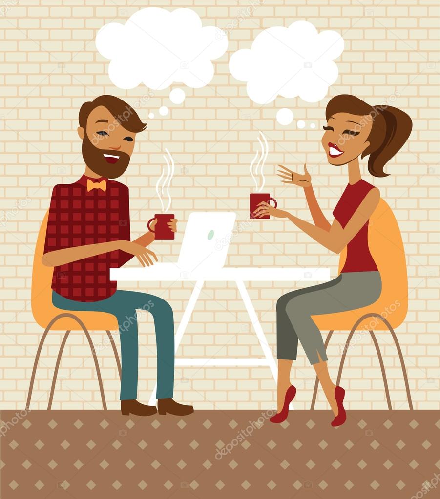 Jovem casal conversando e tomando café em um café imágenes de stock de arte  vectorial | Depositphotos