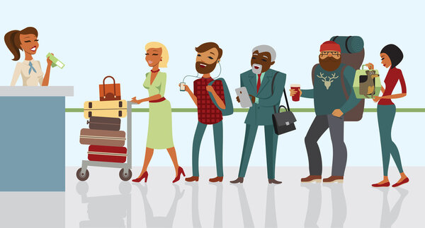 Пассажиры, ожидающие регистрации в аэропорту
