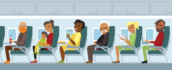 Пассажиры самолета на рейсе
