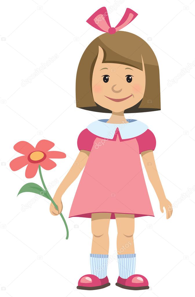 Little girl in pink dress with a flower - vector illustration
