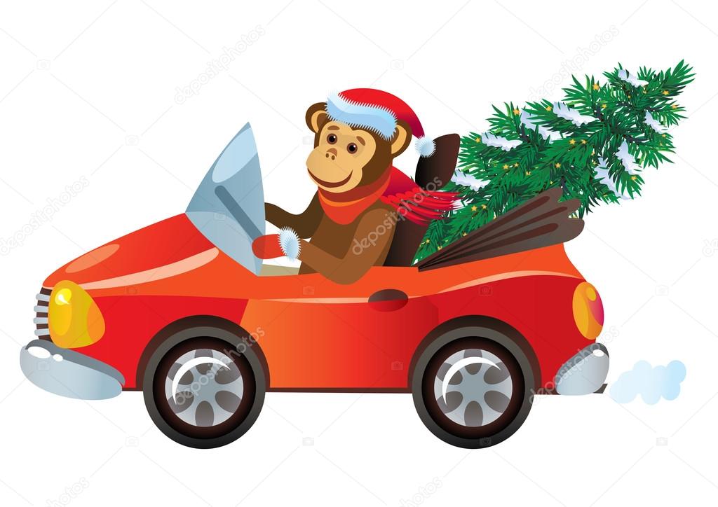 monkey in the red car with a New Year tree