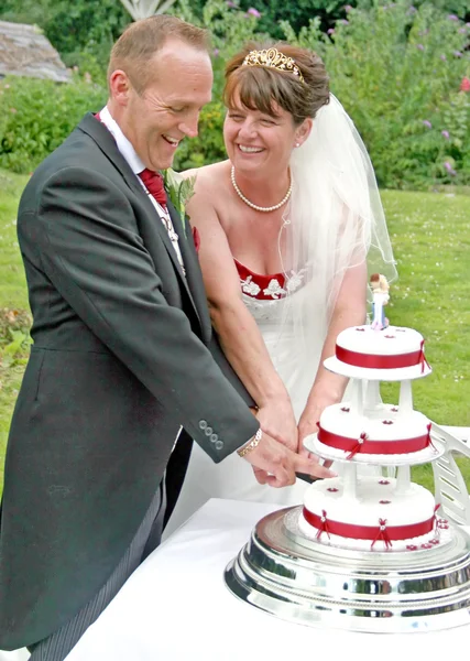Невеста и жених режут торт — стоковое фото