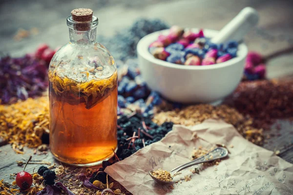 Tinktur-Flasche, Mörtel mit Heilkräutern und Rezeptpapier auf — Stockfoto