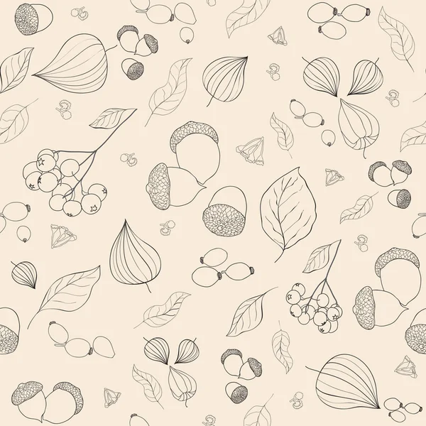 Рука намальовані осінні жолуді, ягоди лози та шипшини, пишні квіти — стоковий вектор
