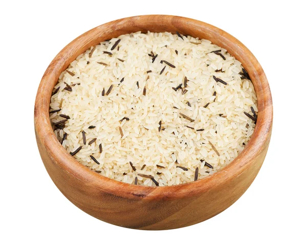 White and wild rice in wooden bowl isolated on white — Stock Photo, Image