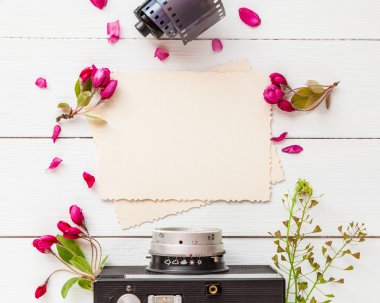 Boş fotoğraf çerçevesi için iç, retro kamera ve rulo film