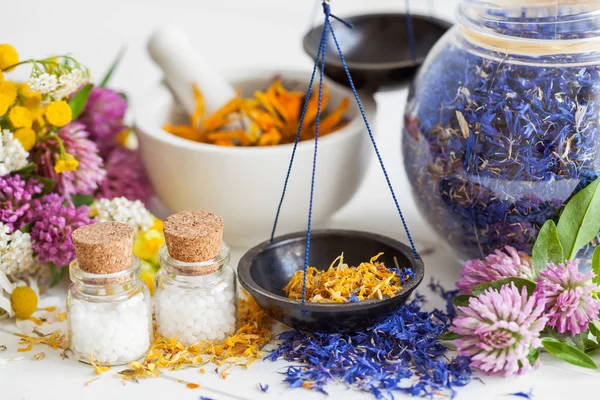 Flessen van homeopathie bolletjes, schalen, jar en mortel — Stockfoto