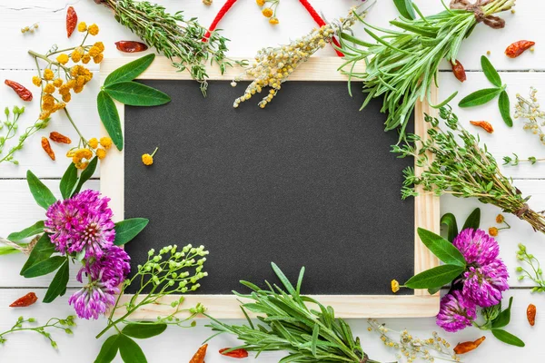 Empty blackboard and healing herbs. Top view, flat lay. — Stock Photo, Image