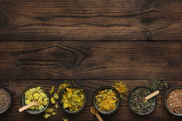 Row Bowls Dry Medicinal Herbs Brown Wooden Board Top View — Stock Photo, Image