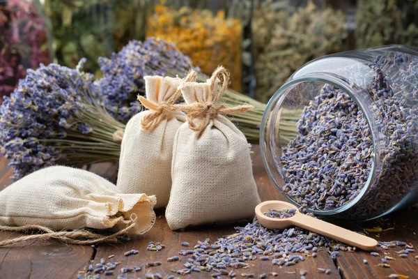 Glass Jar Dry Lavender Flowers Sachets Bunches Dry Lavender Jars — Stock Photo, Image