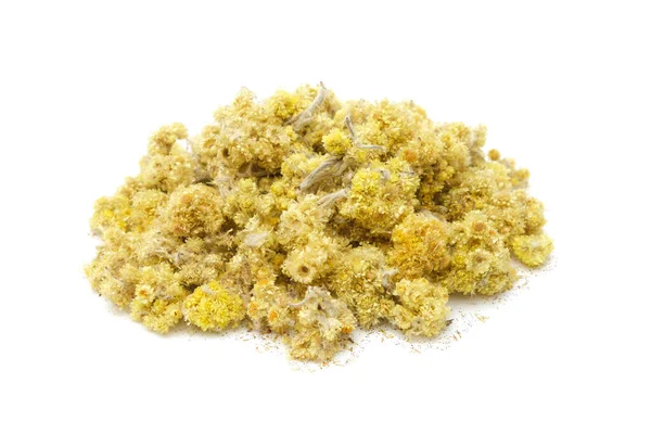 Pile Dried Healthy Helichrysum Arenarium Flowers Dry Immortelle Dwarf Everlast — Stock Photo, Image