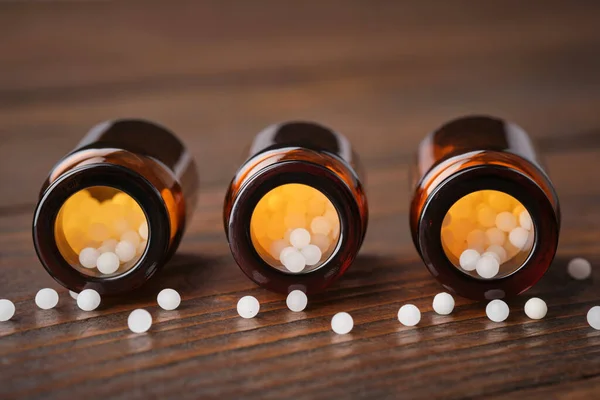 Garrafas Glóbulos Homeopáticos Perto Homeopatia Conceito Medicina — Fotografia de Stock