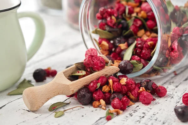 Glass Jar Fruit Tea Apples Orange Red Black Currant Berries — Stock Photo, Image