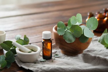 Bir şişe okaliptüs yağı, havan ve okaliptüs yaprakları.. 