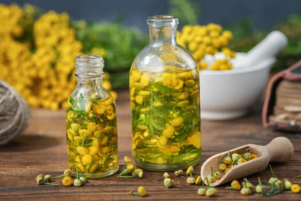 Essential Oil Infusion Bottles Tansy Healthy Herbs Blooming Common Tansy — Stock Photo, Image