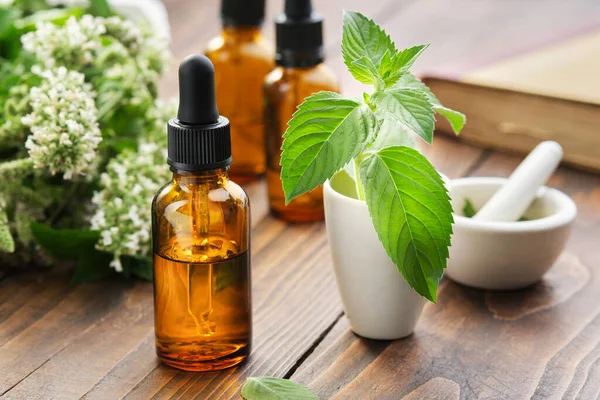 Dropper Bottles Mint Essential Oil Tincture Infusion Mortars Peppermint Leaves — Stock Photo, Image