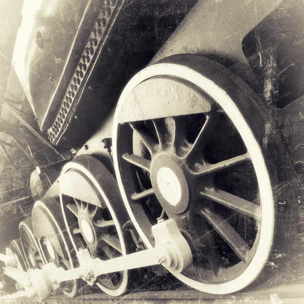 Steam locomotive wheels close up in retro black and white design — Stock Photo, Image