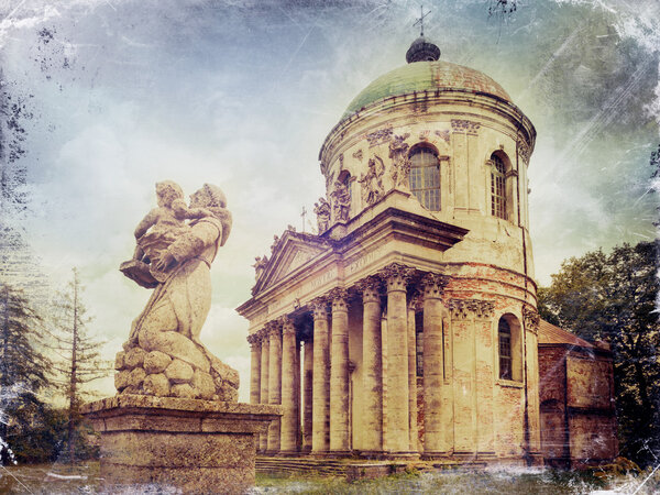 Statues and Roman Catholic church of the Exaltation of the Holy 