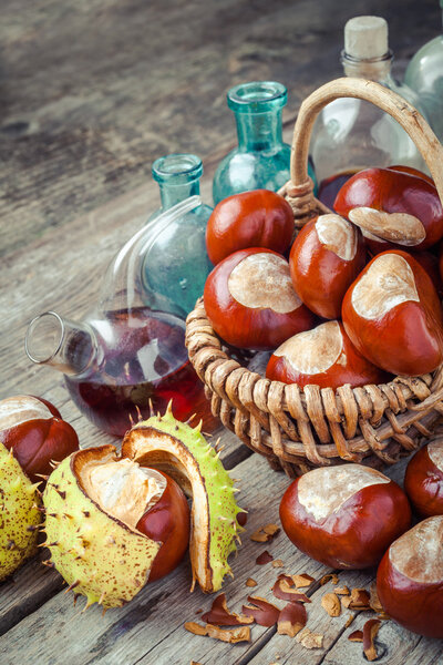 brown chestnuts in basket and vials with tincture on old table