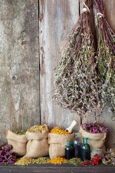 Curación de hierbas en bolsas de hessian cerca de la pared vieja, medicina herbal . — Foto de Stock