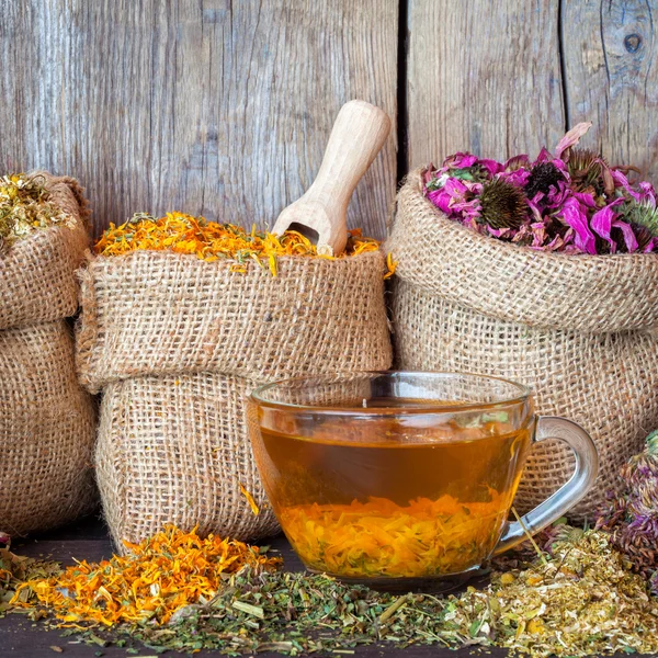 Ervas curativas em sacos hessianos e xícara de chá saudável em madeira rústica — Fotografia de Stock