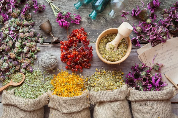 Healing herbs in hessian bags, wooden mortar, small bottles on o — Stock Photo, Image