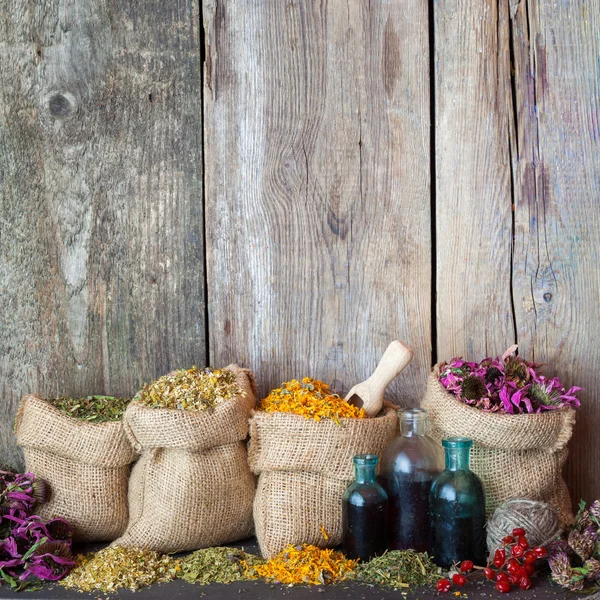 Herbes de guérison dans des sacs de Hesse et des bouteilles bleues avec teinture sur Image En Vente