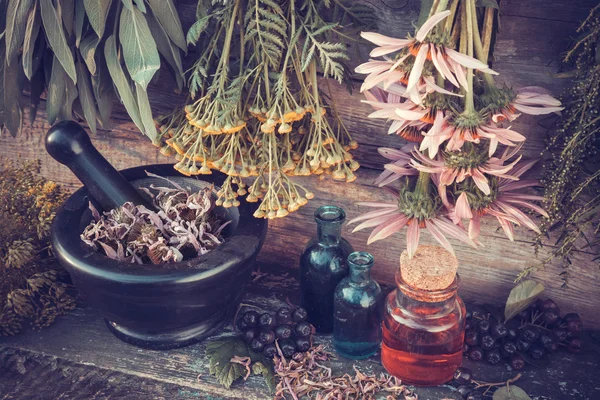 Vintage foto estilizada de hierbas curativas racimos, mortero y aceite — Foto de Stock