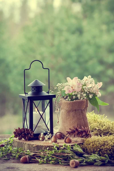 Wedding still life in rustic style. Forest on background. — Stock Photo, Image