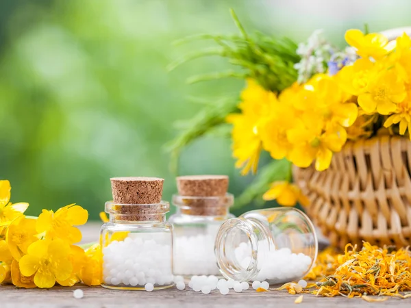 Bottles of homeopathy globules and healthy herbs in basket. — Stock Photo, Image