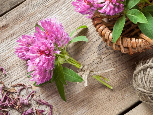 Bunch of clover and basket with flowers — Stockfoto