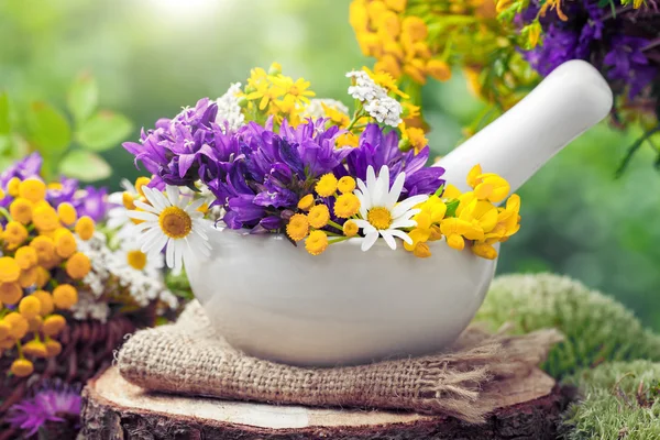 Mortel met healing kruiden en wilde bloemen. Kruidengeneeskunde. — Stockfoto