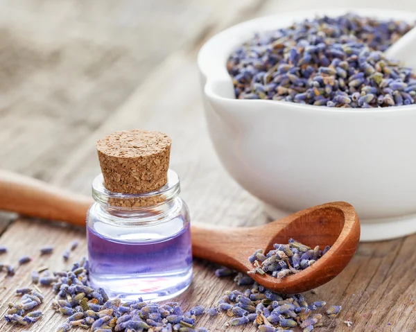 Dry lavender flowers in mortar and bottle of essential oil. — Stock Photo, Image