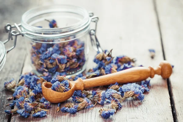 Healthy forget me not tea in glass jar and wooden spoon. Selecti — Stock Photo, Image