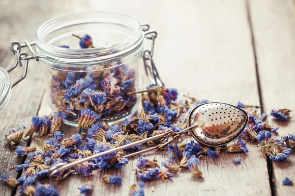 Healthy forget me not tea in glass jar and strainer on kitchen t — Stock Photo, Image