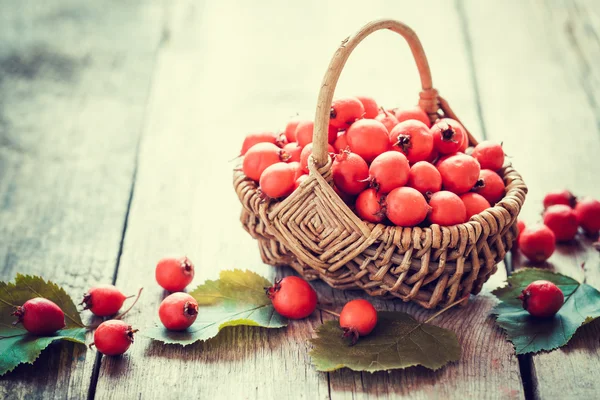 Bacche di biancospino in cesto su tavolo rustico. Focus selettivo . — Foto Stock