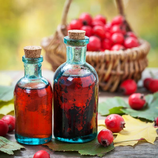 Bottles of hawthorn berries tincture and red thorn apples in b — Stock Photo, Image