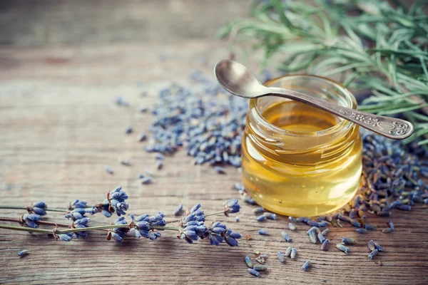 Sklenice medu a suché lavender květiny na čaj. — Stock fotografie