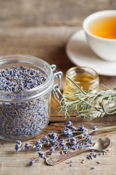 Healthy lavender herbal tea and honey jar — Stock Photo, Image