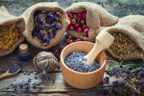 Ervas curativas em sacos hessianos, argamassa de madeira com lavanda seca — Fotografia de Stock