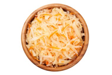 Lahana salatası ahşap kase, üstten görünüm.