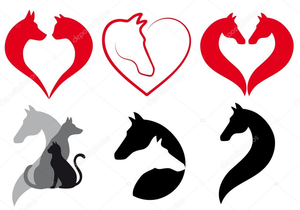 Cat, dog, horse heart icons, animal love logo designs, vector set