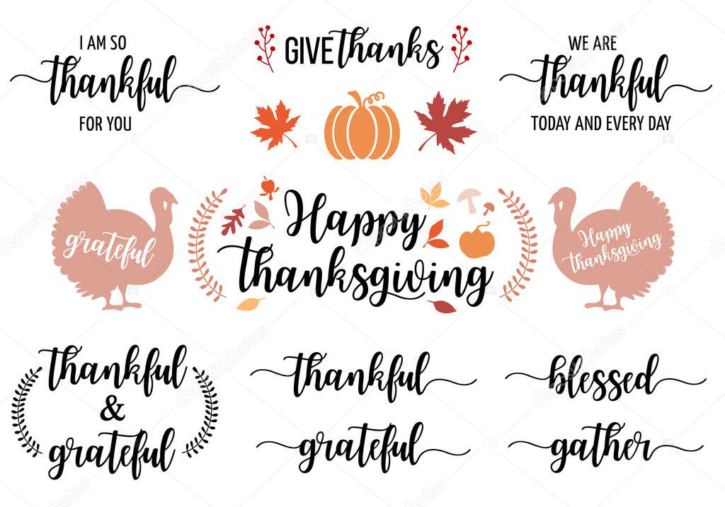 Thanksgiving cards, hand lettering and hand drawn graphic design elements, vector set